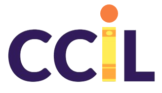 the letters CCIL where the I is a book and the dot is a sun.