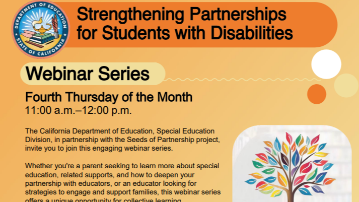 Strengthening Partnerships for Students with Disabilities Webinar Series Flyer 11-12pm Forth Thursday of the Month