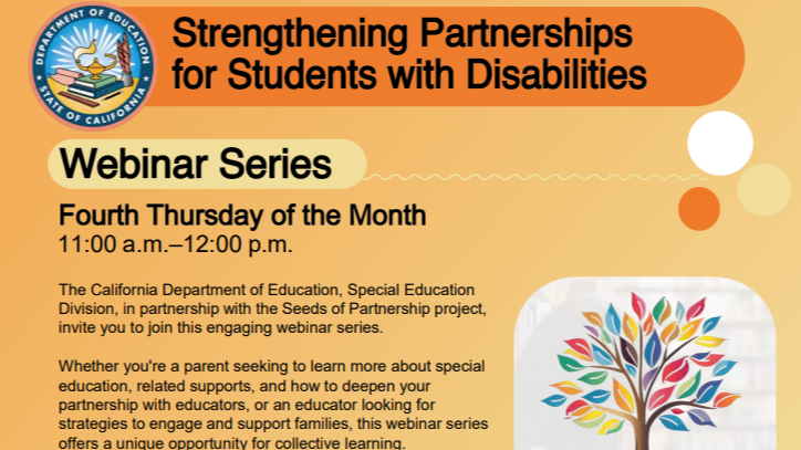 Strengthening Partnerships for Students with Disabilities Webinar Series Flyer 11-12pm Forth Thursday of the Month
