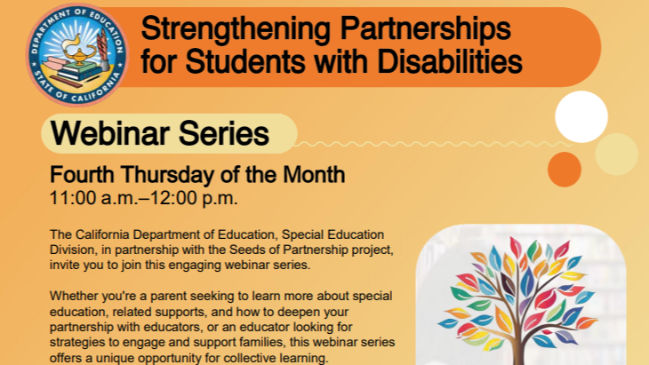 Strengthening Partnerships for Students with Disabilities Webinar Series Flyer 11-12pm Forth Thursday of the Month