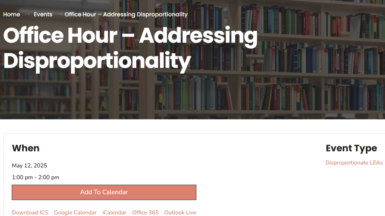 White text says Office Hour- Addressing Disproportionality with picture of library stacks in the background
