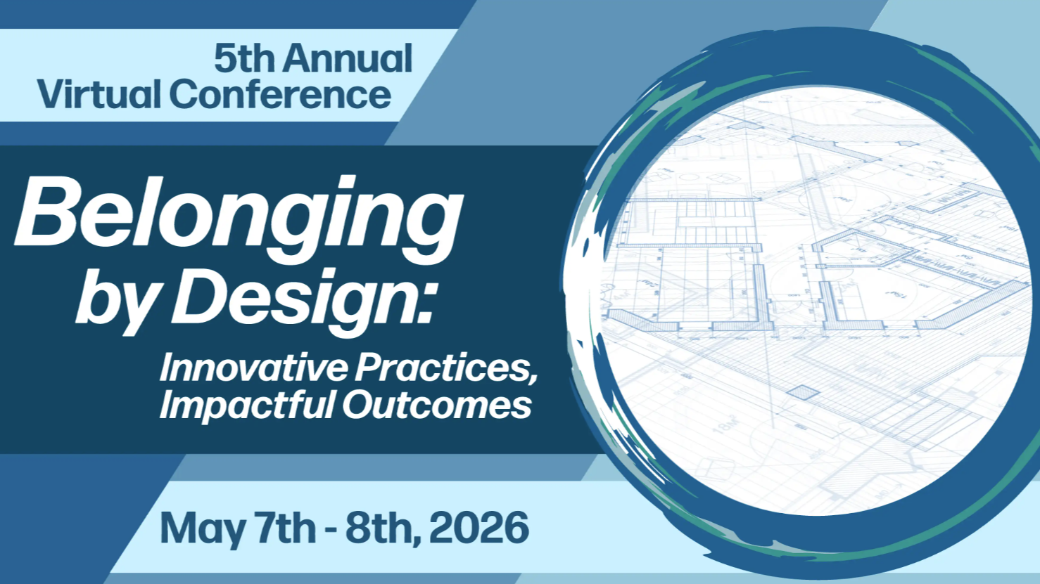 Conference title slide for a virtual event. Text reads “5th Annual Virtual Conference.” Main title reads “Belonging by Design: Innova